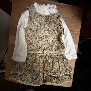 Green Floral Ruffle Dress with Cream Long-Sleeve Top